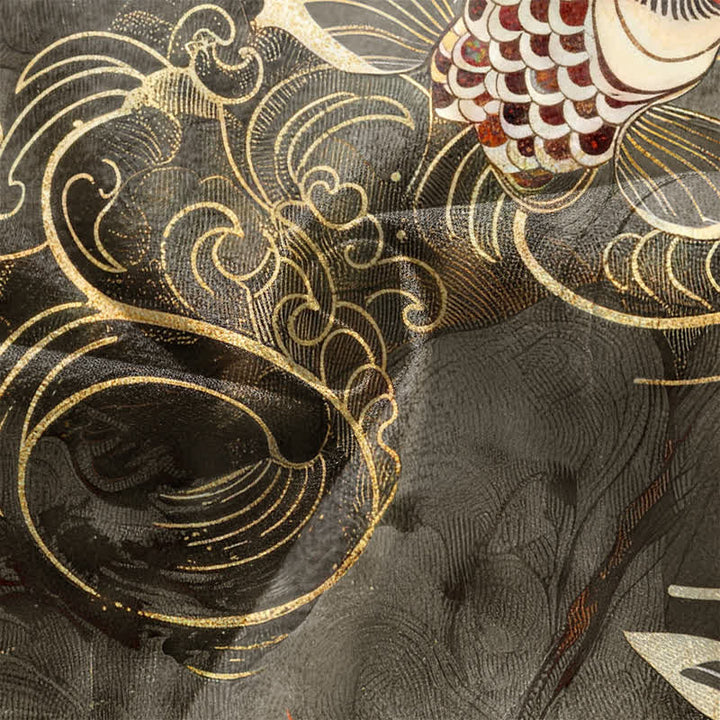 Buddha Stones Kimono de hombre de algodón rojo con estampado de peces koi y olas doradas, con frente abierto. - image 5
