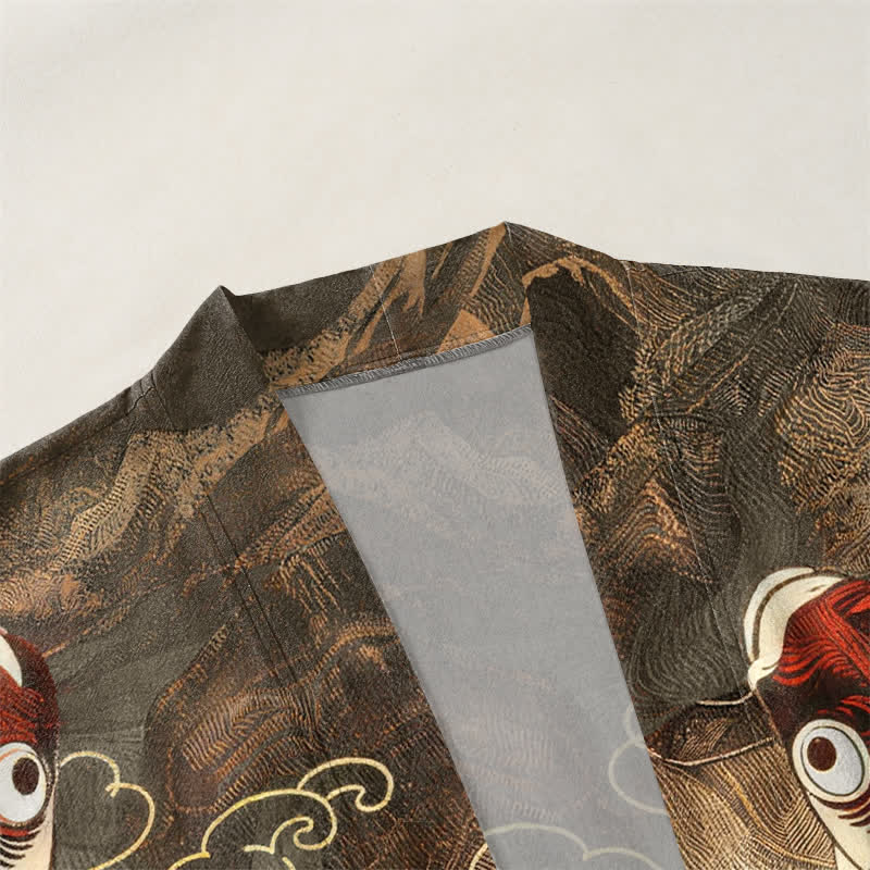 Buddha Stones Kimono de hombre de algodón rojo con estampado de peces koi y olas doradas, con frente abierto. - image 3