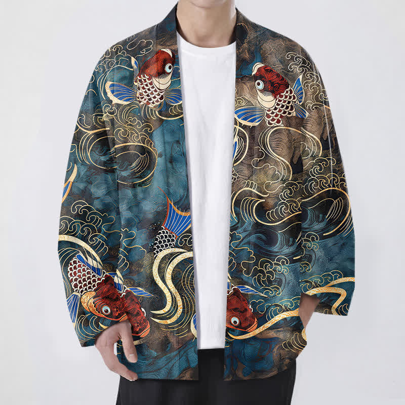 Buddha Stones Kimono de hombre de algodón rojo con estampado de peces koi y olas doradas, con frente abierto. - Azul aciano - US/UK/AU48, UE58 (4XL) - image 6