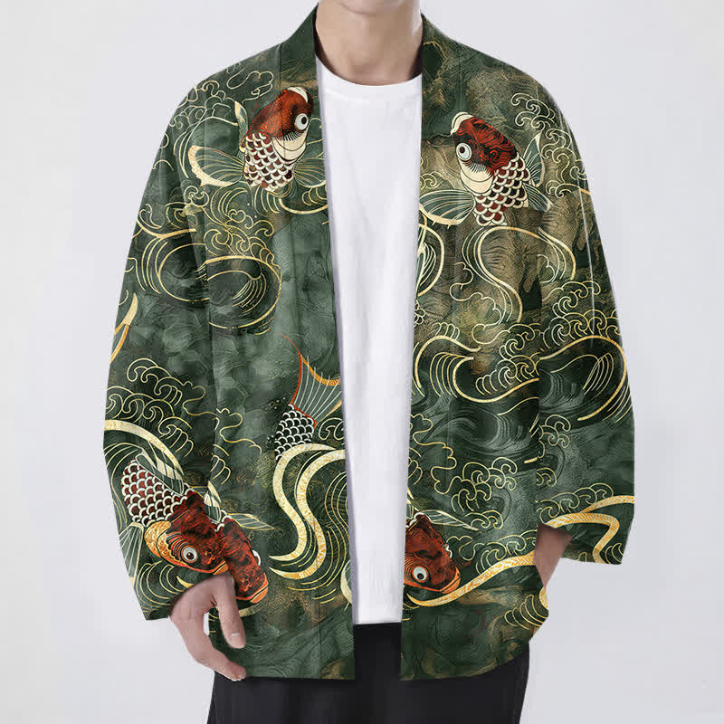 Buddha Stones Kimono de hombre de algodón rojo con estampado de peces koi y olas doradas, con frente abierto. - Verde oliva oscuro - US/UK/AU48, UE58 (4XL) - image 9