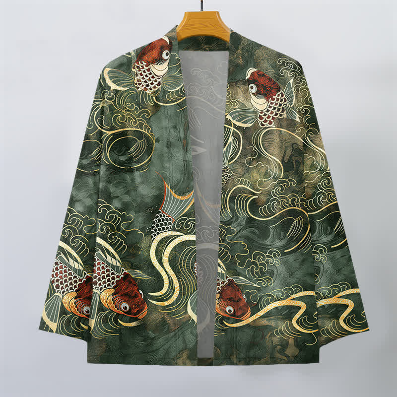 Buddha Stones Kimono de hombre de algodón rojo con estampado de peces koi y olas doradas, con frente abierto. - image 10