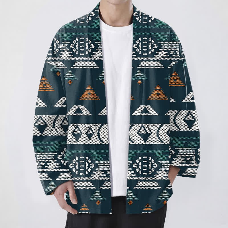 Buddha Stones Kimono de algodón color verde azulado con estampado geométrico azteca y frente abierto para hombre - Verde azulado - US/UK/AU48, UE58 (4XL) - image 0