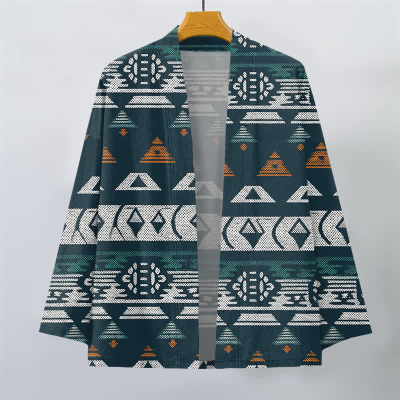 Buddha Stones Kimono de algodón color verde azulado con estampado geométrico azteca y frente abierto para hombre - image 1