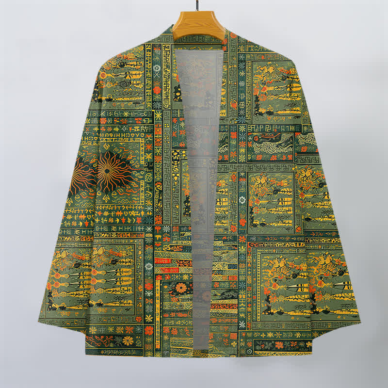 Buddha Stones Kimono de hombre de algodón vintage multicolor con estampado floral y abertura frontal. - image 1
