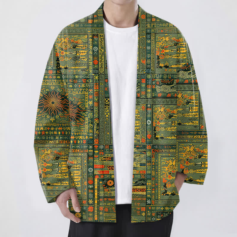 Buddha Stones Kimono de hombre de algodón vintage multicolor con estampado floral y abertura frontal. - Aceituna - US/UK/AU48, UE58 (4XL) - image 0