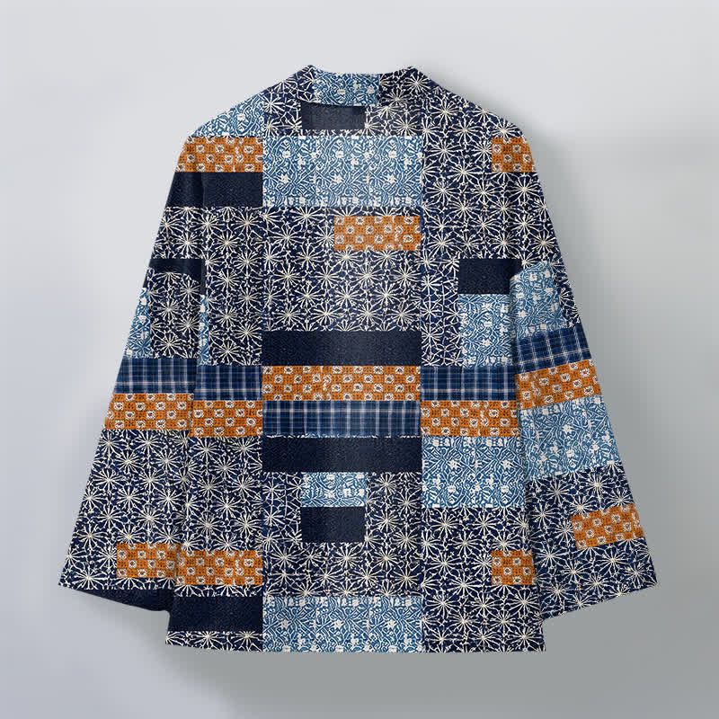 Buddha Stones Kimono de hombre con abertura frontal, estampado geométrico de bloques y patchwork de algodón. - image 2