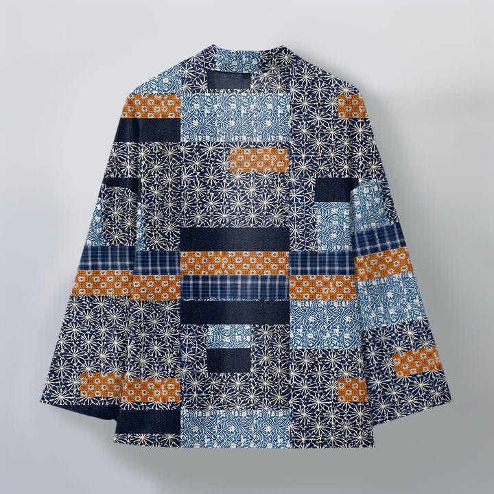 Buddha Stones Kimono de hombre con abertura frontal, estampado geométrico de bloques y patchwork de algodón. - image 2