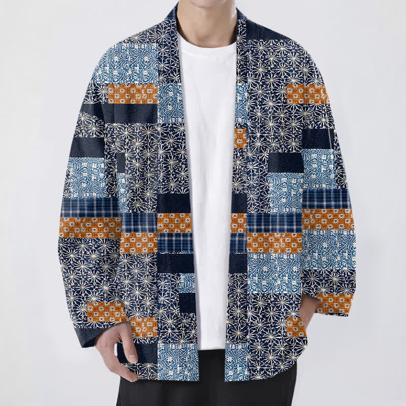Buddha Stones Kimono de hombre con abertura frontal, estampado geométrico de bloques y patchwork de algodón. - Marina de guerra - US/UK/AU48, UE58 (4XL) - image 0