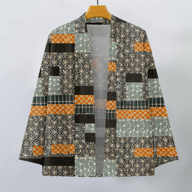 Buddha Stones Kimono de hombre con abertura frontal, estampado geométrico de bloques y patchwork de algodón. - image 7