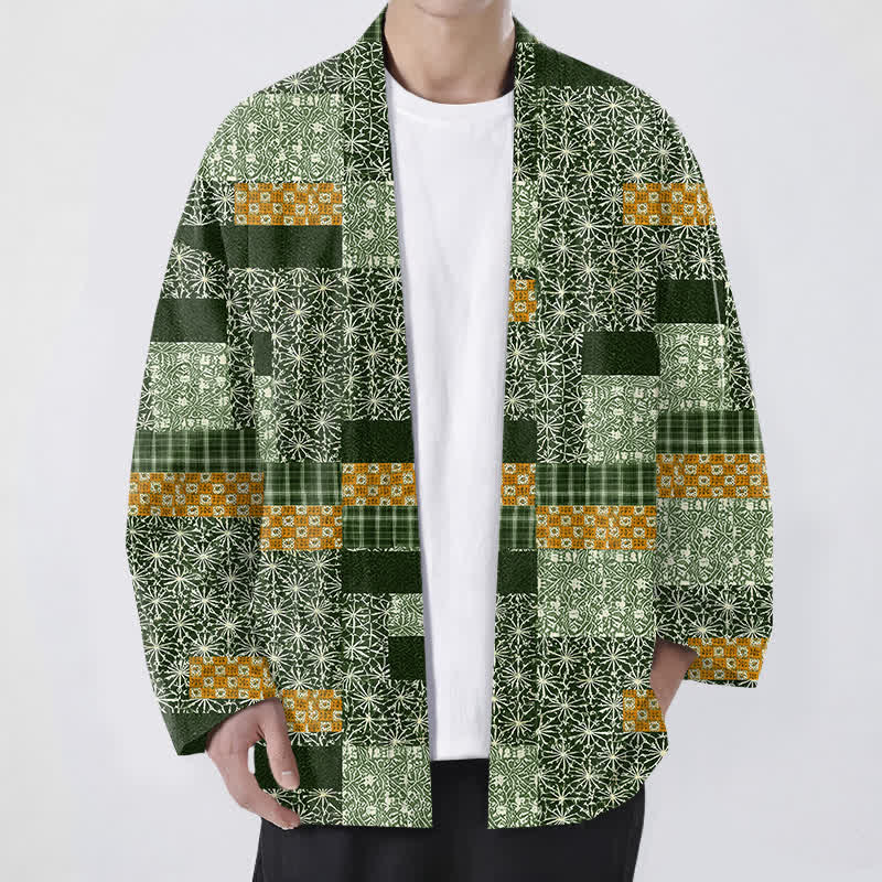 Buddha Stones Kimono de hombre con abertura frontal, estampado geométrico de bloques y patchwork de algodón. - Verde bosque - US/UK/AU48, UE58 (4XL) - image 9