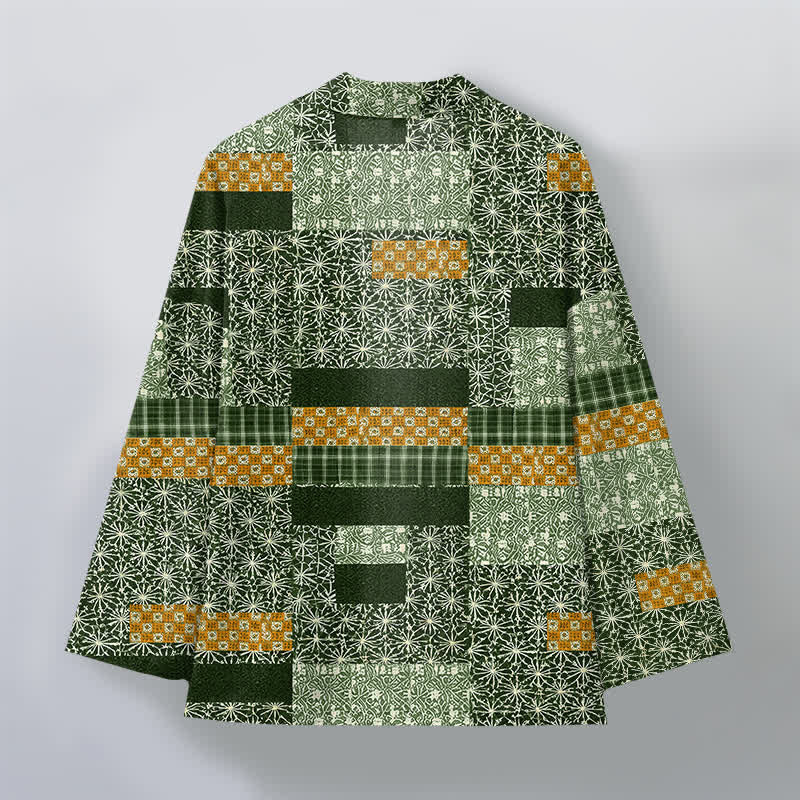 Buddha Stones Kimono de hombre con abertura frontal, estampado geométrico de bloques y patchwork de algodón. - image 11