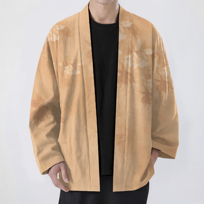 Buddha Stones Kimono de algodón con sutil estampado floral de hojas y frente abierto para hombre - Broncearse - US/UK/AU48, UE58 (4XL) - image 0