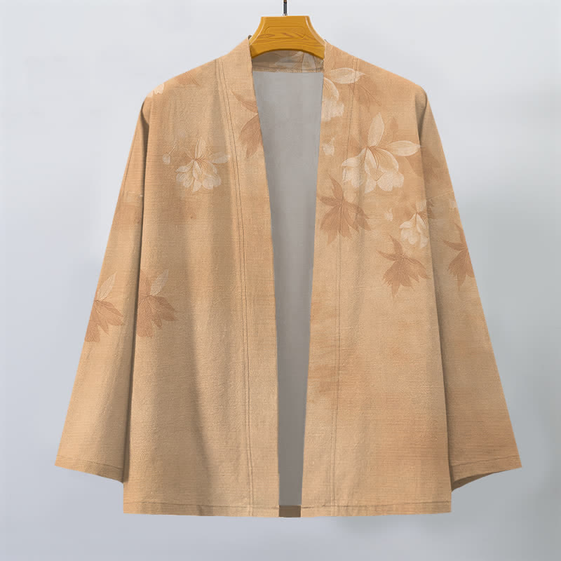 Buddha Stones Kimono de algodón con sutil estampado floral de hojas y frente abierto para hombre - image 1