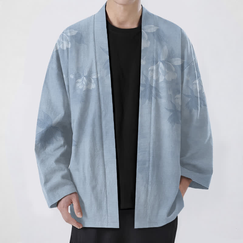 Buddha Stones Kimono de algodón con sutil estampado floral de hojas y frente abierto para hombre - Azul acero claro - US/UK/AU48, UE58 (4XL) - image 6