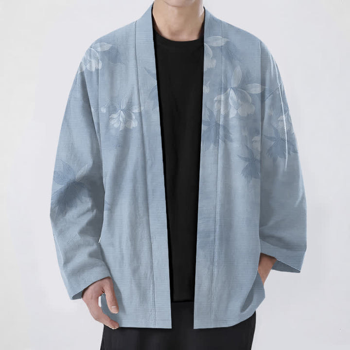 Buddha Stones Kimono de algodón con sutil estampado floral de hojas y frente abierto para hombre - Azul acero claro - US/UK/AU48, UE58 (4XL) - image 6
