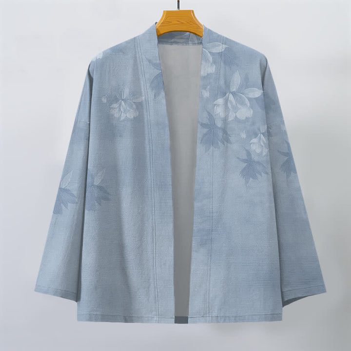 Buddha Stones Kimono de algodón con sutil estampado floral de hojas y frente abierto para hombre - image 7