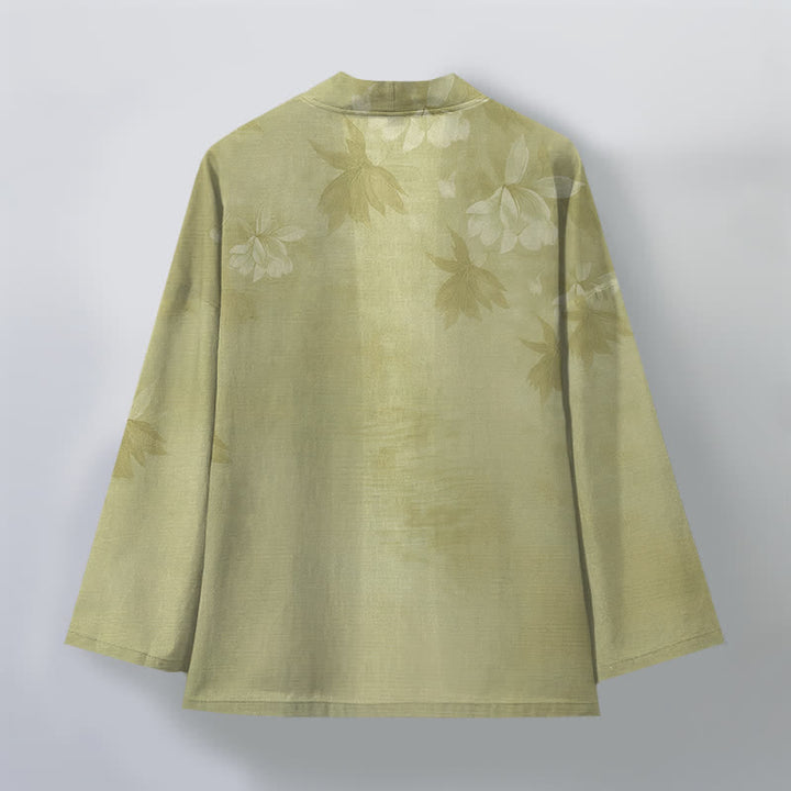Buddha Stones Kimono de algodón con sutil estampado floral de hojas y frente abierto para hombre - image 11