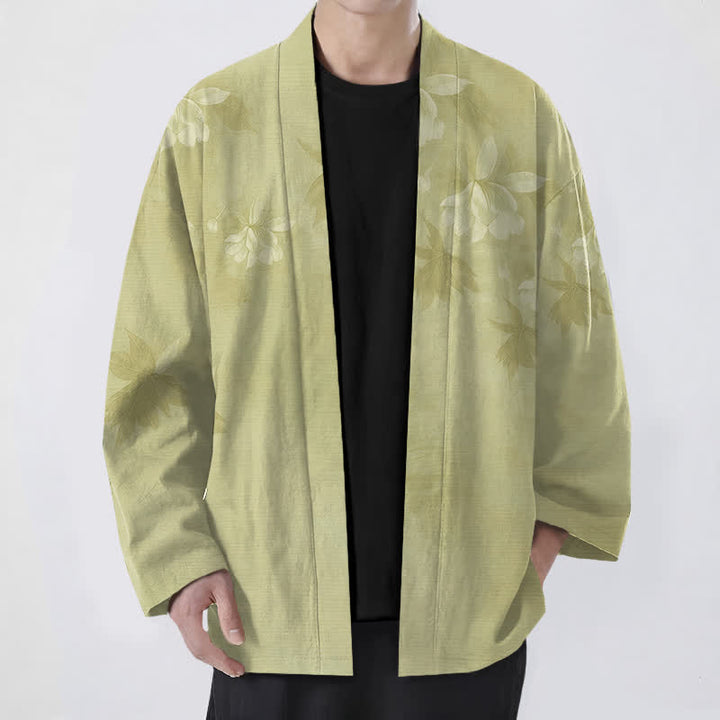 Buddha Stones Kimono de algodón con sutil estampado floral de hojas y frente abierto para hombre - Verde amarillento - US/UK/AU48, UE58 (4XL) - image 9