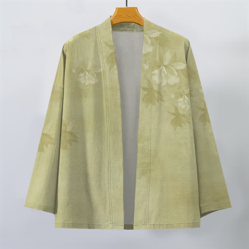Buddha Stones Kimono de algodón con sutil estampado floral de hojas y frente abierto para hombre - image 10