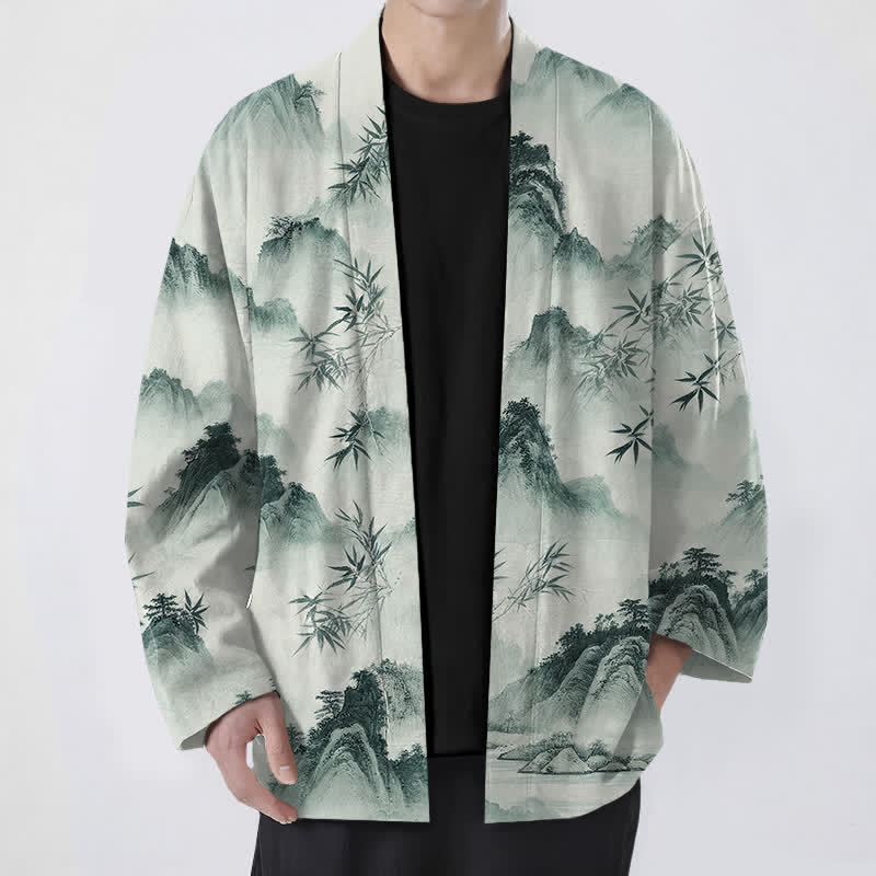 Buddha Stones Kimono de hombre con frente abierto y estampado de paisaje de montañas de bambú y tinta de algodón - Verde mar oscuro - US/UK/AU48, UE58 (4XL) - image 0