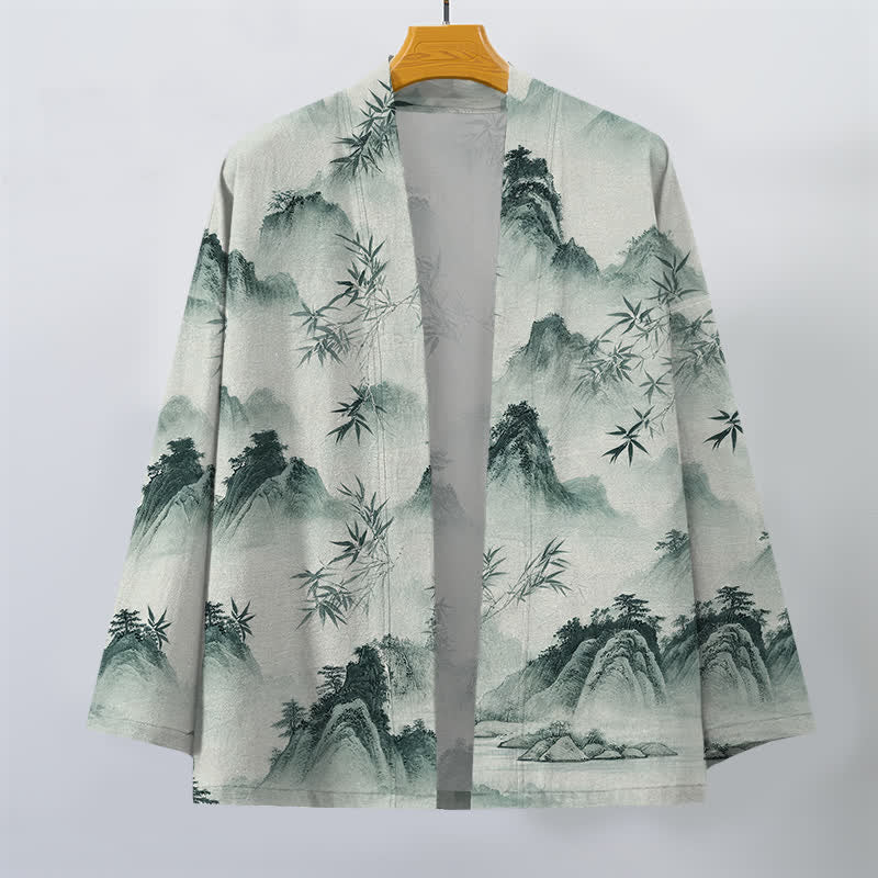 Buddha Stones Kimono de hombre con frente abierto y estampado de paisaje de montañas de bambú y tinta de algodón - image 1