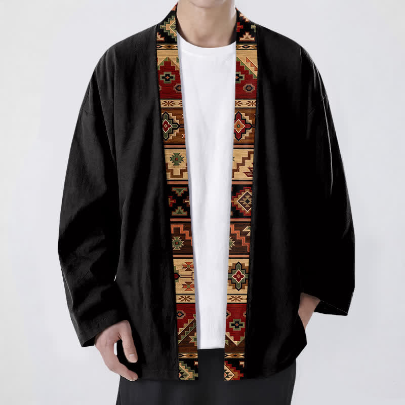 Buddha Stones Kimono de hombre de algodón con estampado geométrico tribal y frente abierto - Negro - US/UK/AU48, UE58 (4XL) - image 0