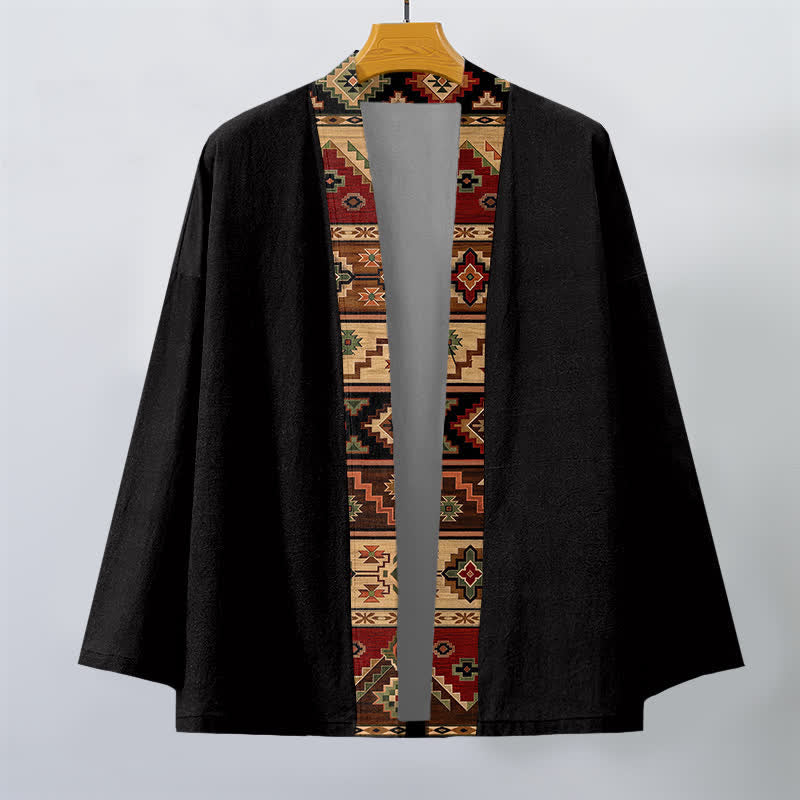 Buddha Stones Kimono de hombre de algodón con estampado geométrico tribal y frente abierto - image 1