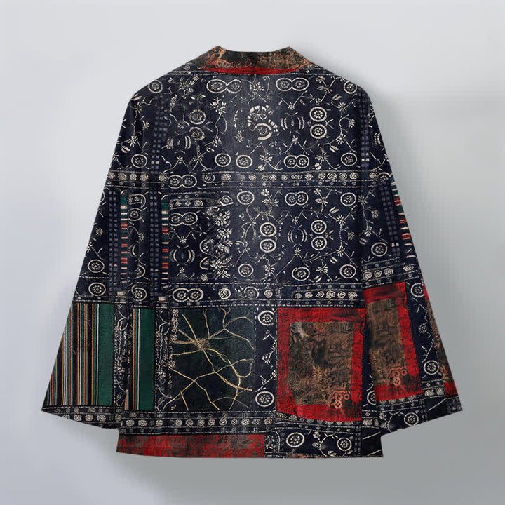 Buddha Stones Kimono de hombre con estampado geométrico tribal de patchwork y frente abierto, de algodón. - image 2