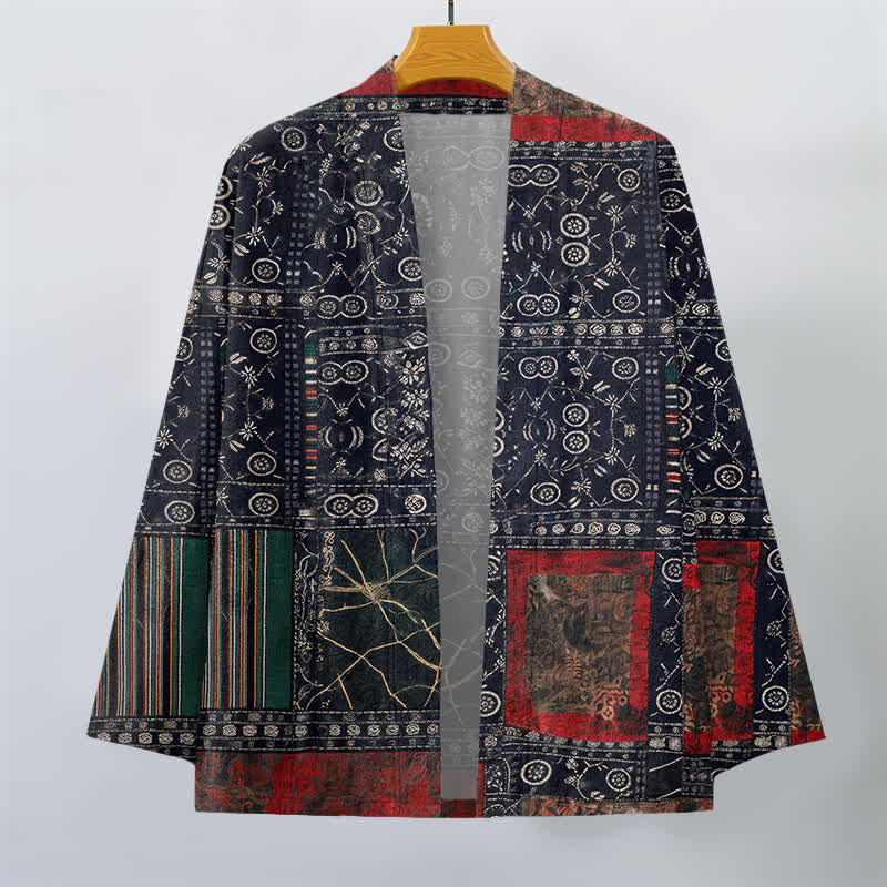 Buddha Stones Kimono de hombre con estampado geométrico tribal de patchwork y frente abierto, de algodón. - image 1