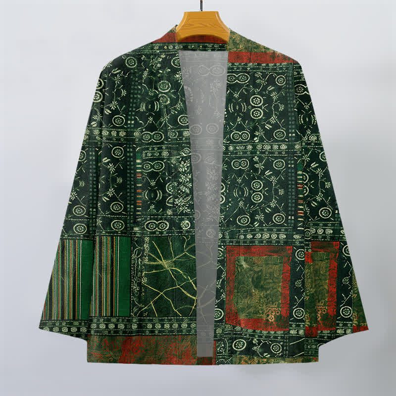 Buddha Stones Kimono de hombre con estampado geométrico tribal de patchwork y frente abierto, de algodón. - image 7