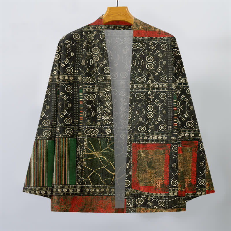 Buddha Stones Kimono de hombre con estampado geométrico tribal de patchwork y frente abierto, de algodón. - image 10