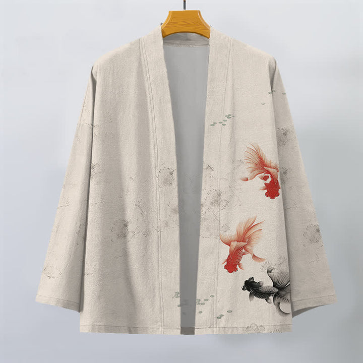 Buddha Stones Kimono de hombre con estampado de olas fluidas y peces koi de algodón, abertura frontal. - image 1