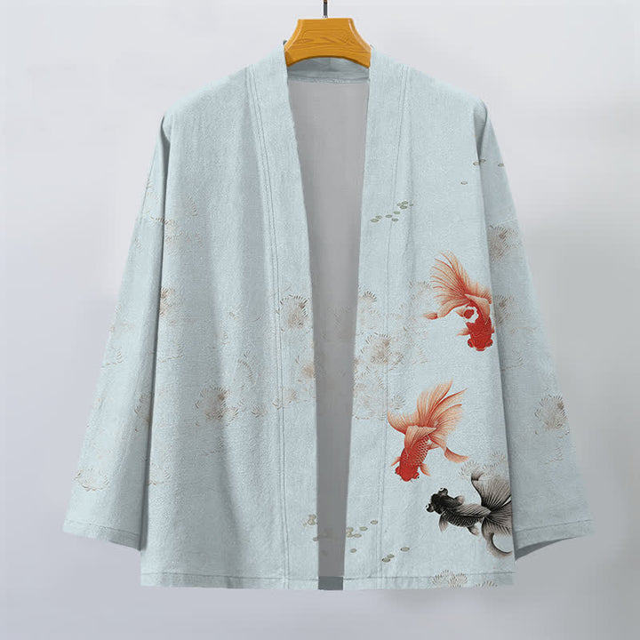 Buddha Stones Kimono de hombre con estampado de olas fluidas y peces koi de algodón, abertura frontal. - image 7