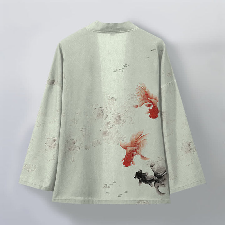 Buddha Stones Kimono de hombre con estampado de olas fluidas y peces koi de algodón, abertura frontal. - image 11