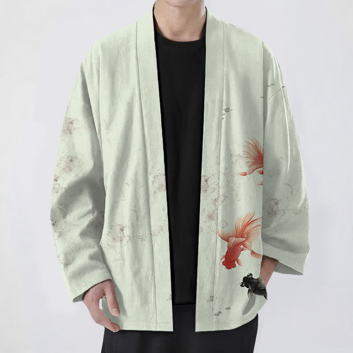 Buddha Stones Kimono de hombre con estampado de olas fluidas y peces koi de algodón, abertura frontal. - Crema de menta - US/UK/AU48, UE58 (4XL) - image 9