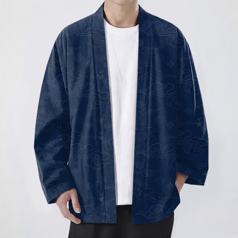 Buddha Stones Kimono de algodón con estampado de nubes auspiciosas y frente abierto para hombre - Marina de guerra - US/UK/AU48, UE58 (4XL) - image 0