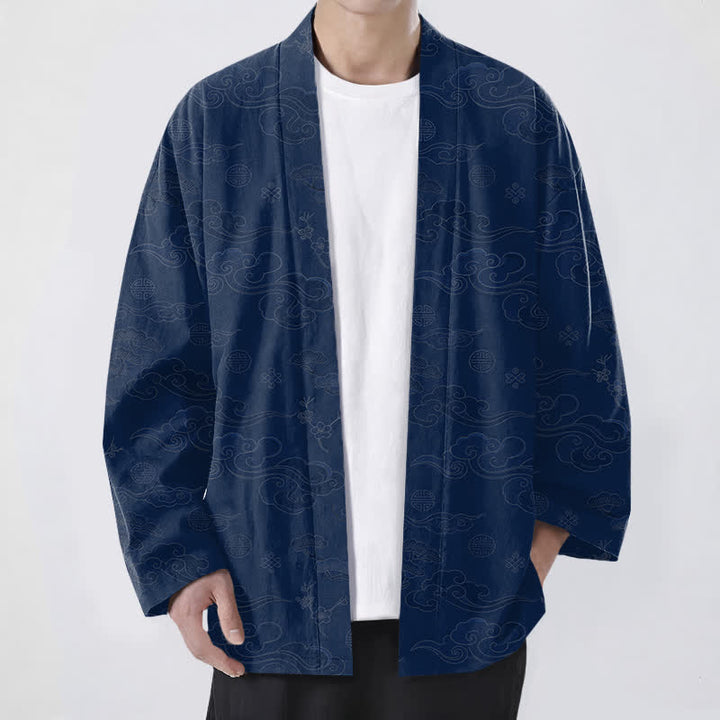 Buddha Stones Kimono de algodón con estampado de nubes auspiciosas y frente abierto para hombre - Marina de guerra - US/UK/AU48, UE58 (4XL) - image 0