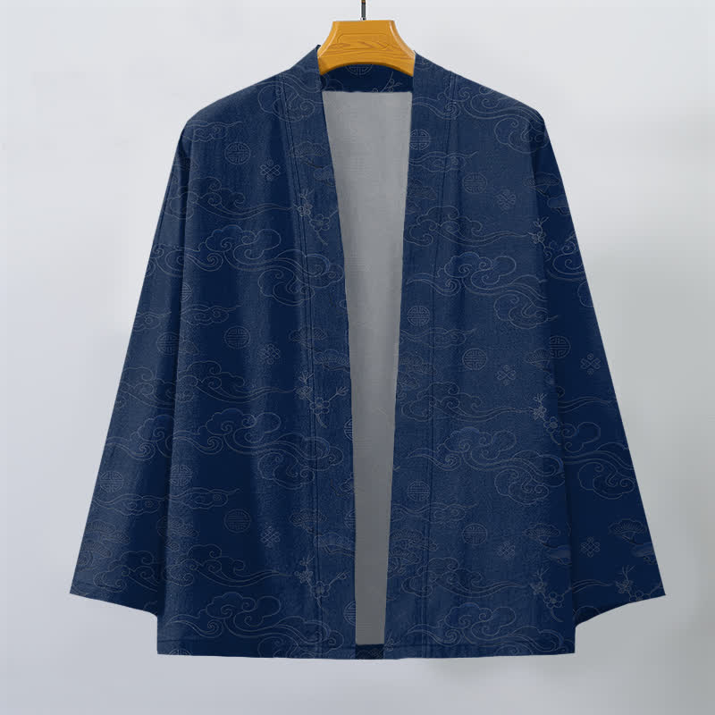 Buddha Stones Kimono de algodón con estampado de nubes auspiciosas y frente abierto para hombre - image 1