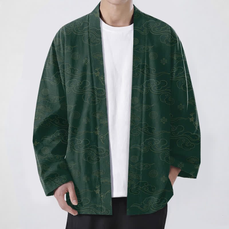 Buddha Stones Kimono de algodón con estampado de nubes auspiciosas y frente abierto para hombre - Verde bosque - US/UK/AU48, UE58 (4XL) - image 9
