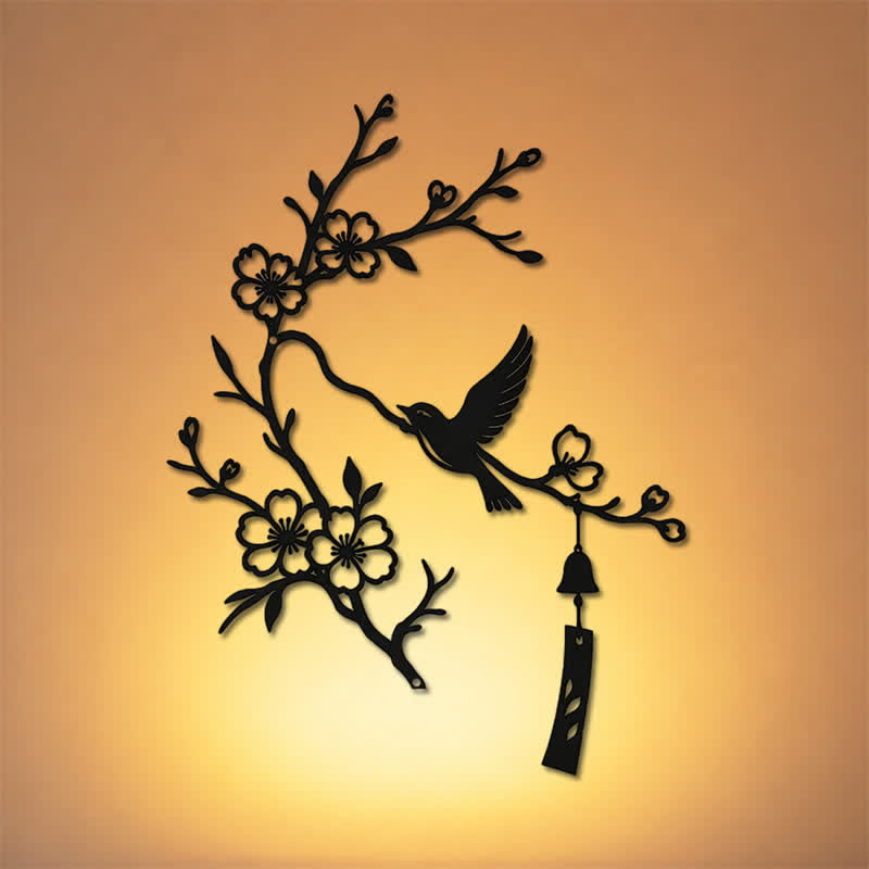 Buddha Stones Adorno de pared de hierro con símbolos significativos de pájaros y ramas en flor - image 0
