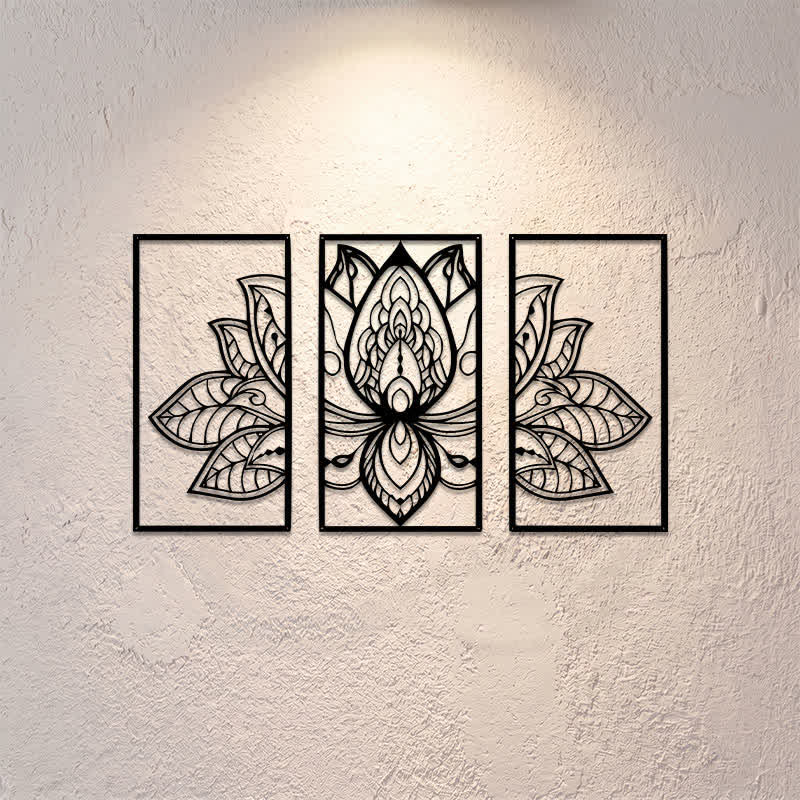 Buddha Stones Tríptico de hierro con símbolos significativos de la Iluminación del Loto para decoración de paredes. - image 0