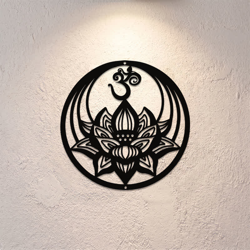 Buddha Stones Loto de la Iluminación OM, Adorno de Pared de Metal de Hierro Redondo con Símbolos Significativos - image 0