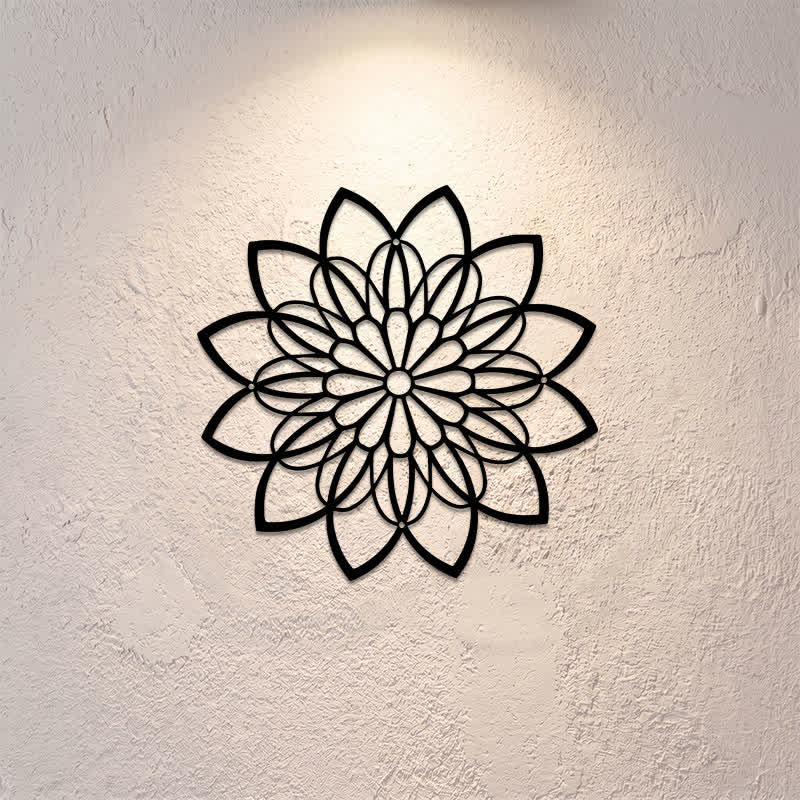 Buddha Stones Arte de pared con mandala de loto de metal negro, iluminación y símbolos significativos. - image 0