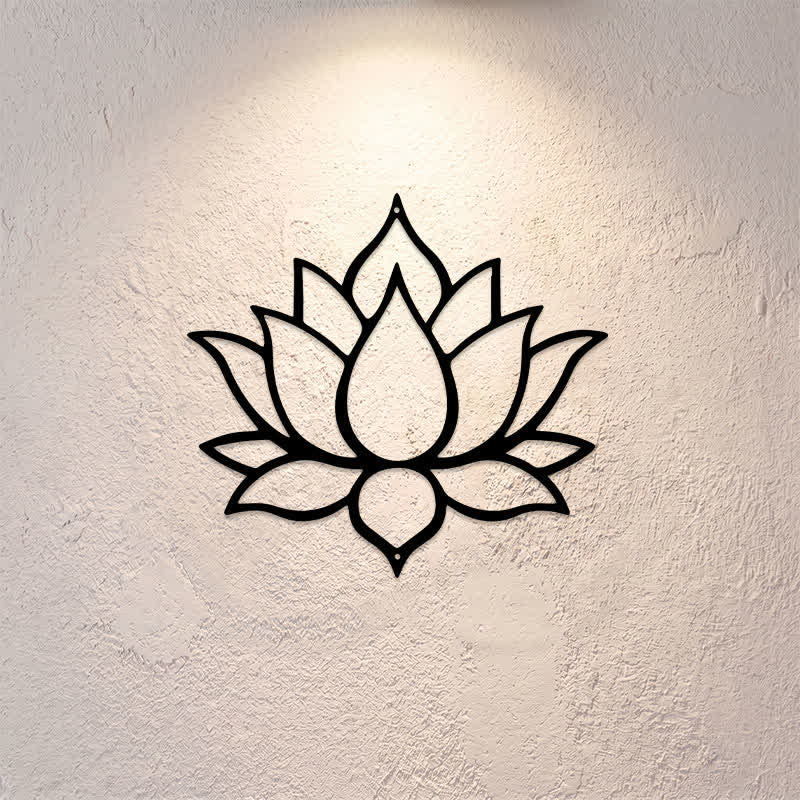 Buddha Stones Cuadro decorativo de metal negro mate con símbolos significativos de la pureza del loto zen. - image 0