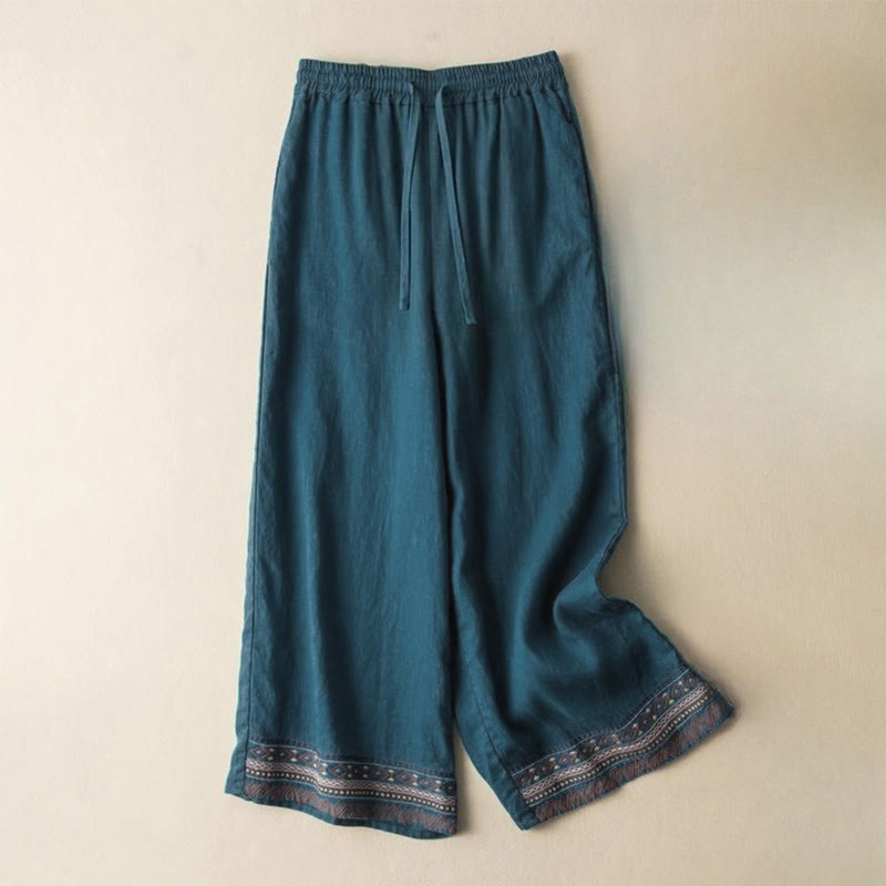 Pantalones de mujer de pierna ancha con cordón ajustable y bolsillos, con bordado informal de Buddha Stones y estilo bohemio. - Verde mar claro - US12，UK/AU16，EU44 (XL) - image 5
