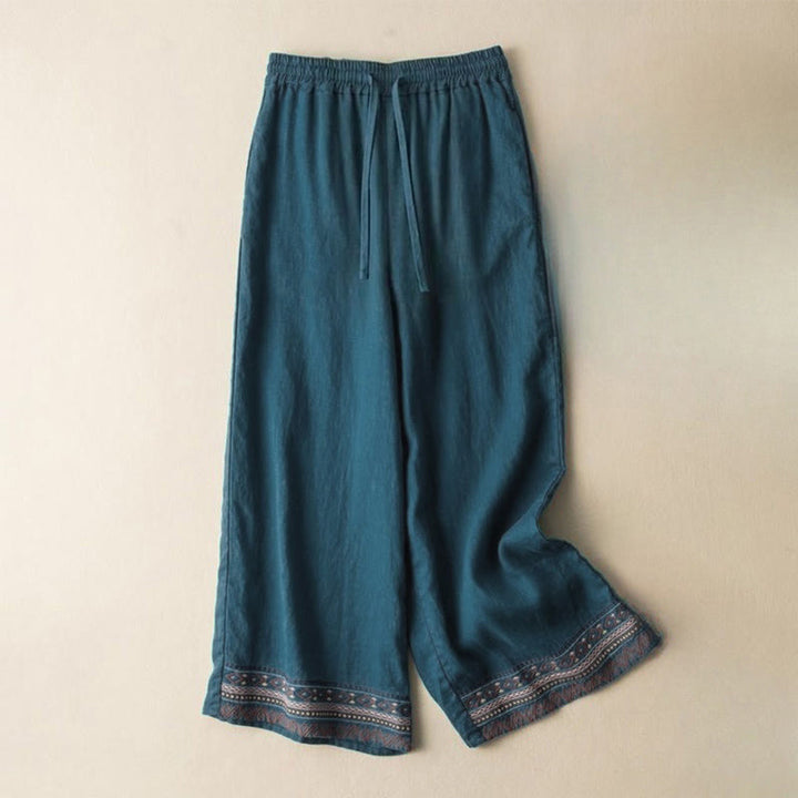 Pantalones de mujer de pierna ancha con cordón ajustable y bolsillos, con bordado informal de Buddha Stones y estilo bohemio. - Verde mar claro - US12，UK/AU16，EU44 (XL) - image 5