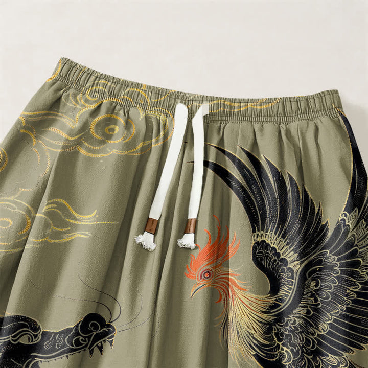 Buddha Stones Pantalones harem para hombre de algodón puro con estampado de dragón, fénix y nube, con cordón ajustable y bolsillos. - image 3
