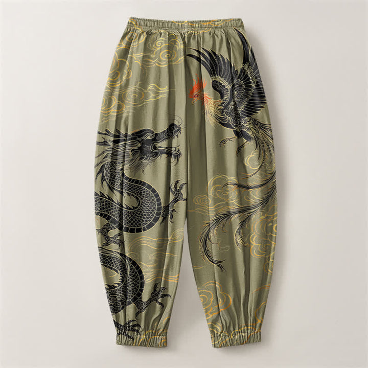 Buddha Stones Pantalones harem para hombre de algodón puro con estampado de dragón, fénix y nube, con cordón ajustable y bolsillos. - image 2