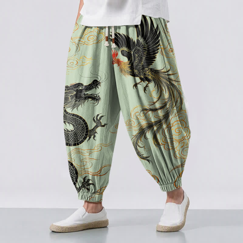 Buddha Stones Pantalones harem para hombre de algodón puro con estampado de dragón, fénix y nube, con cordón ajustable y bolsillos. - Crema de menta - US/UK/AU50, EU60 (5XL) - image 6
