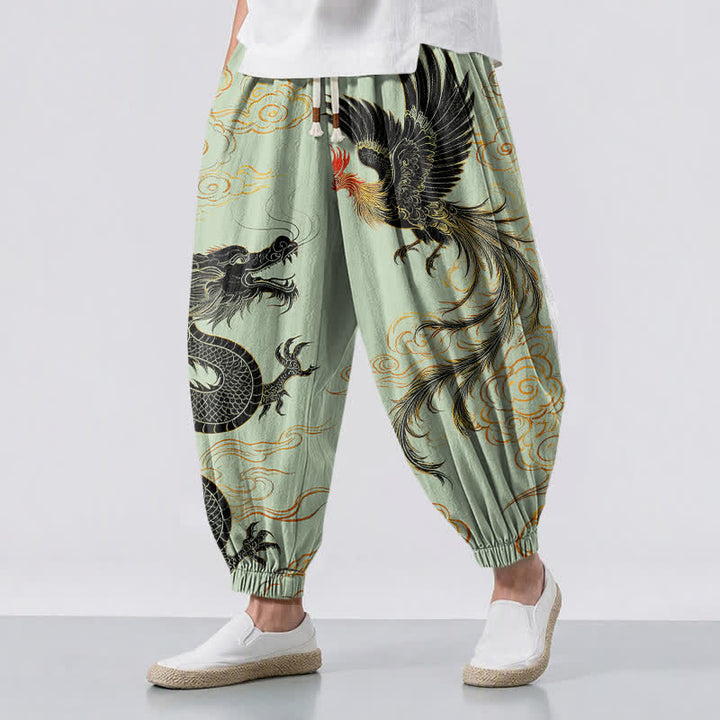 Buddha Stones Pantalones harem para hombre de algodón puro con estampado de dragón, fénix y nube, con cordón ajustable y bolsillos. - Crema de menta - US/UK/AU50, EU60 (5XL) - image 6